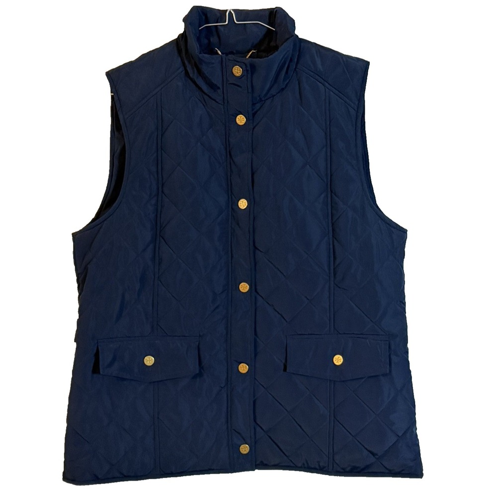 Tory Burch Women's XL Navy Quilted Puffer Vest Gold Logo Snap Closure